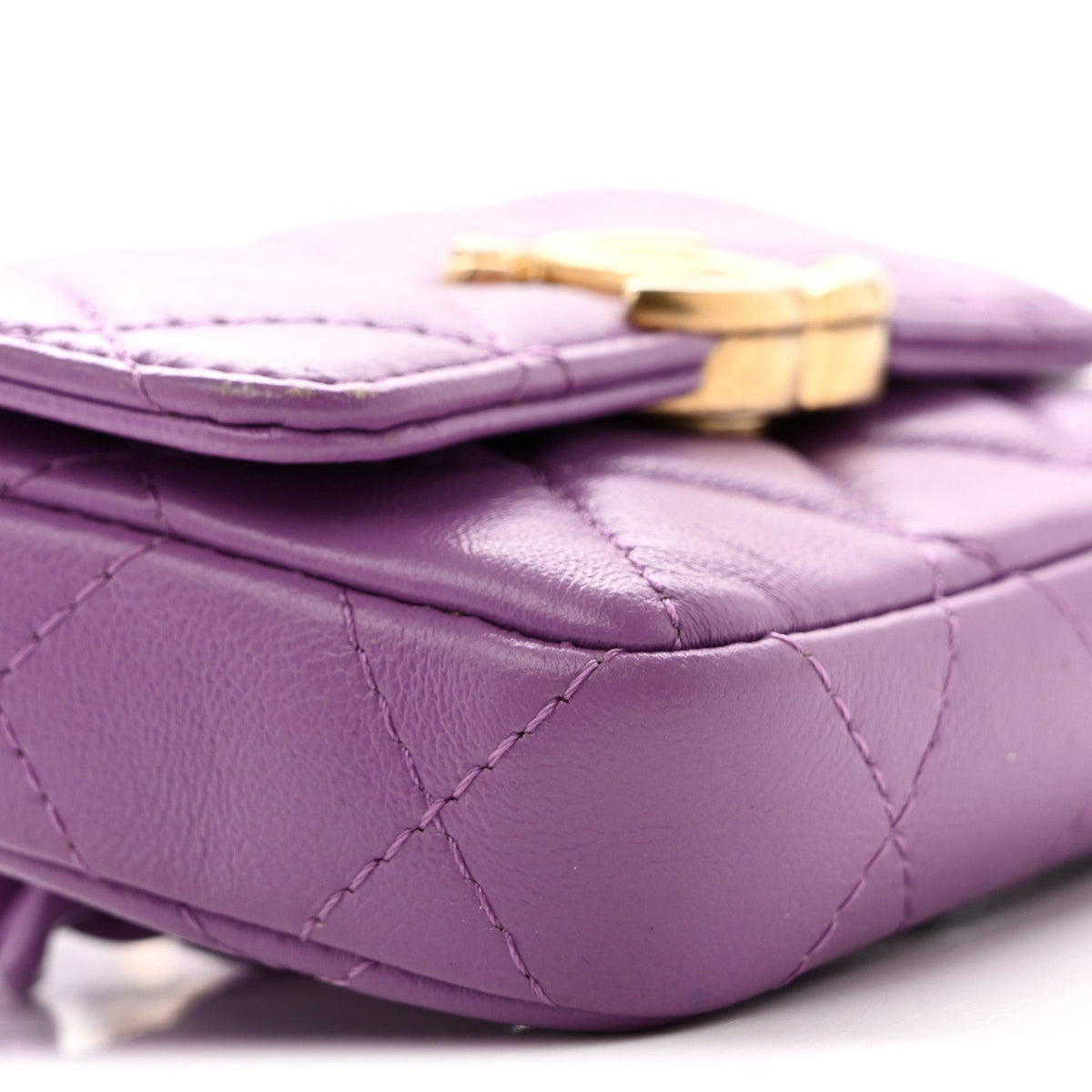 Lambskin Lacquered Metal Quilted Flap Chain Belt Bag Purple