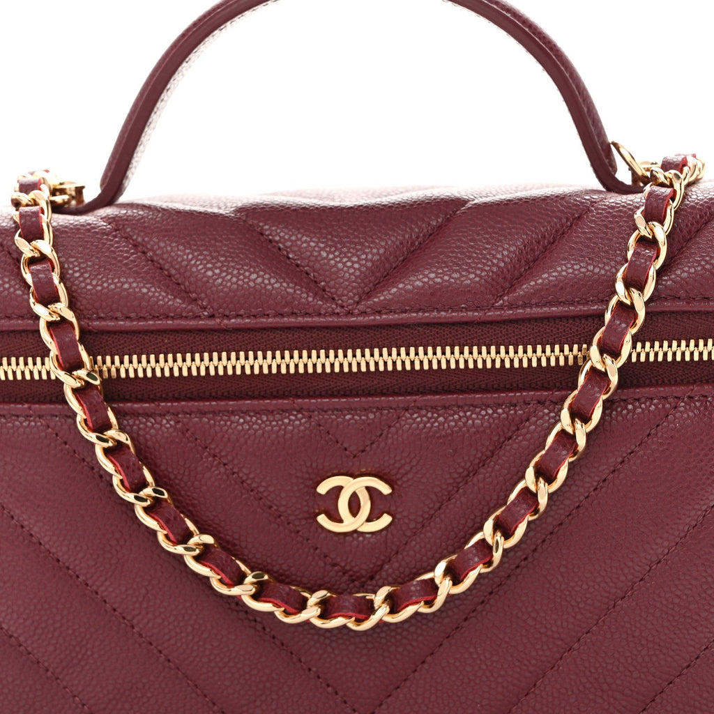 Caviar Chevron Quilted Top Handle Slim Vanity With Chain Burgundy