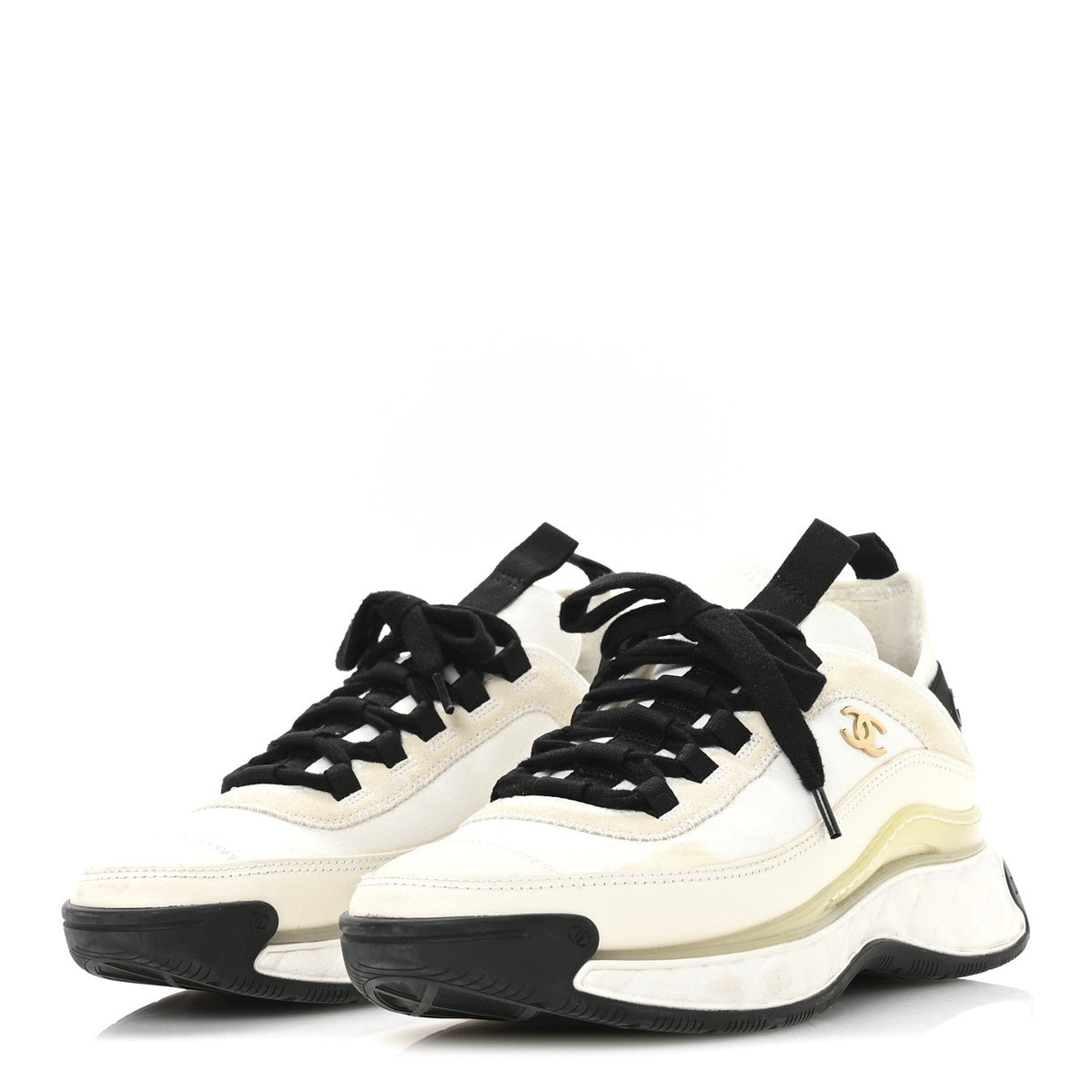 Velvet Calfskin Mixed Fibers CC Sneakers 38 Ivory Black