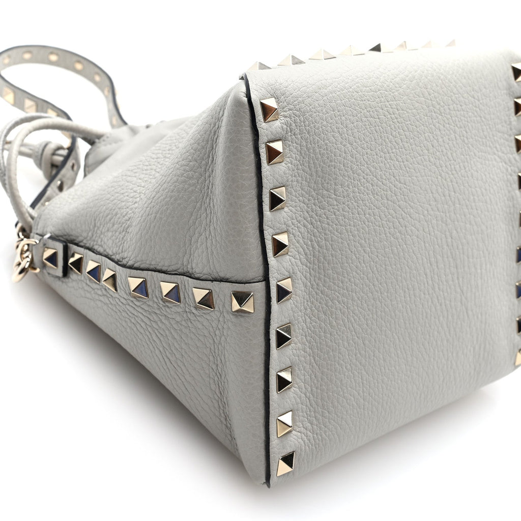 Grained Calfskin Rockstud Mini Bucket Bag Opal Grey