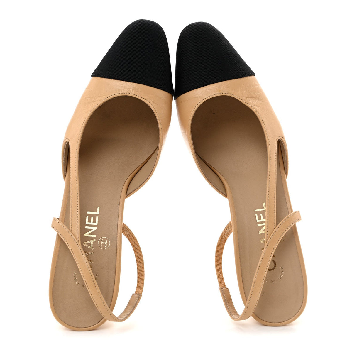 Goatskin Grosgrain Cap Toe CC Slingback Pumps 39 Beige Black