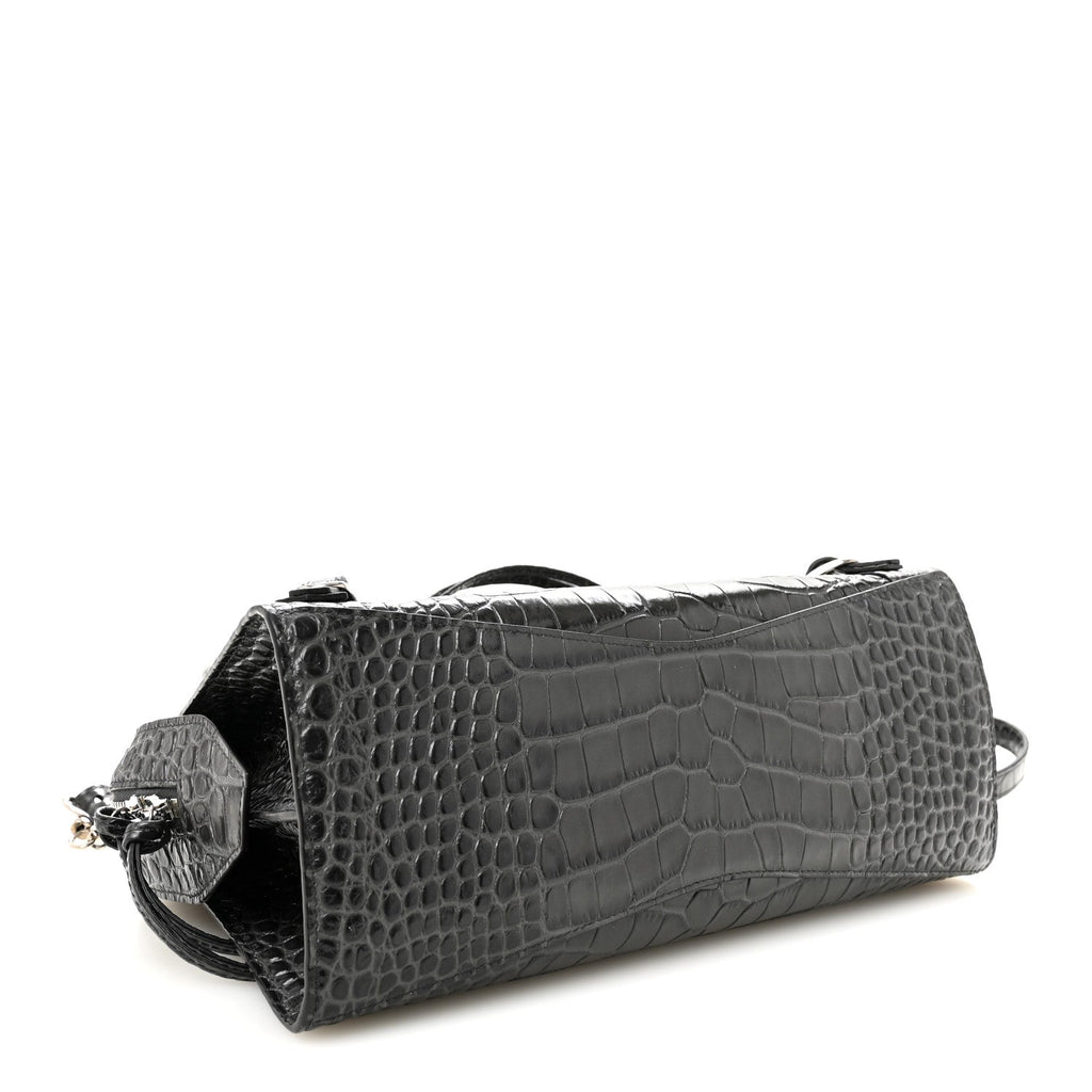 Shiny Supple Calfskin Crocodile Embossed Neo Classic Silver Hardware S City Dark Grey
