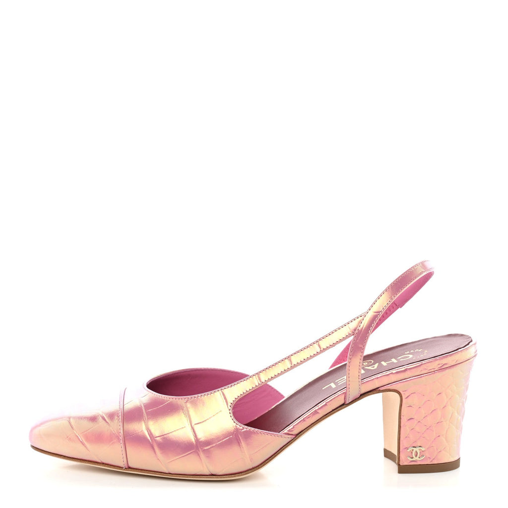 Iridescent  Crocodile Embossed CC Cap Toe CC Slingback Pumps 41 Pink