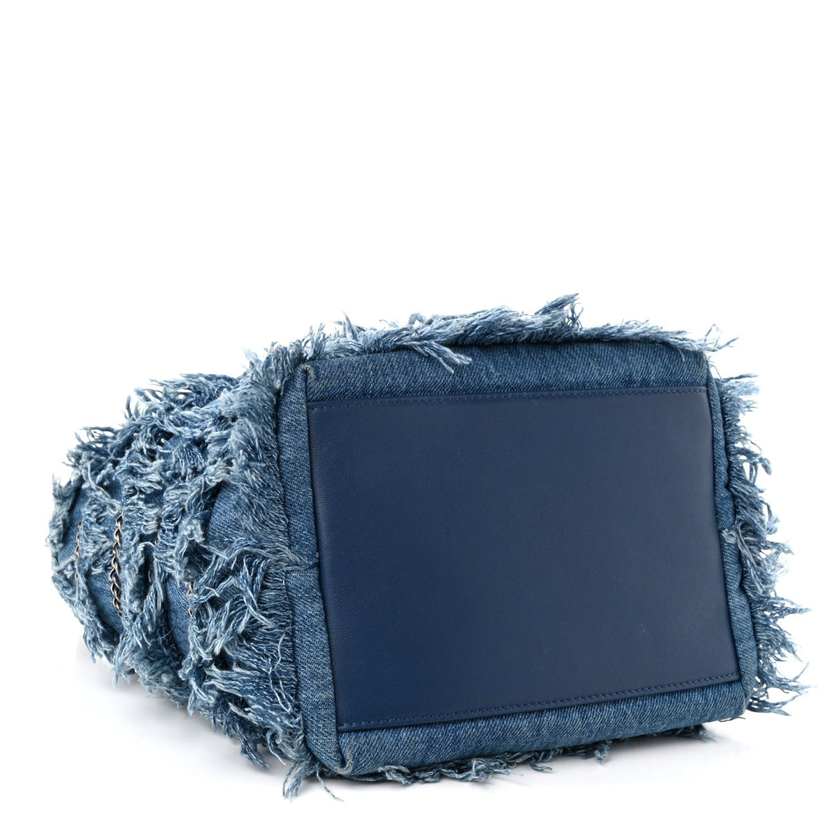 Calfskin Denim Fringe Chains CC Drawstring Bucket Bag Blue