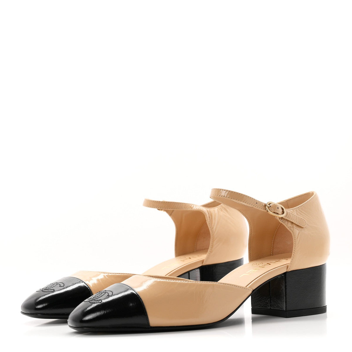 Shiny Lambskin CC Cap Toe Mary Janes Pumps 39 Beige Black