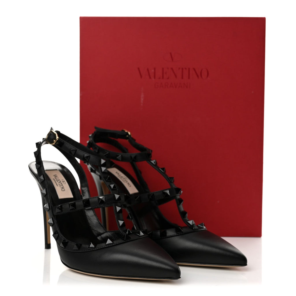 Calfskin Lacquered Monochrome Rockstud Ankle Strap 100mm Pumps 38.5 Black