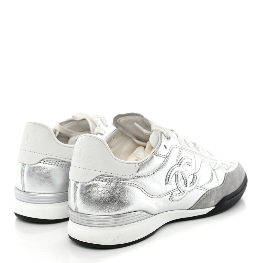 Laminated Calfskin Suede Quilted Womens CC Sneakers 37.5 Silver White Gray