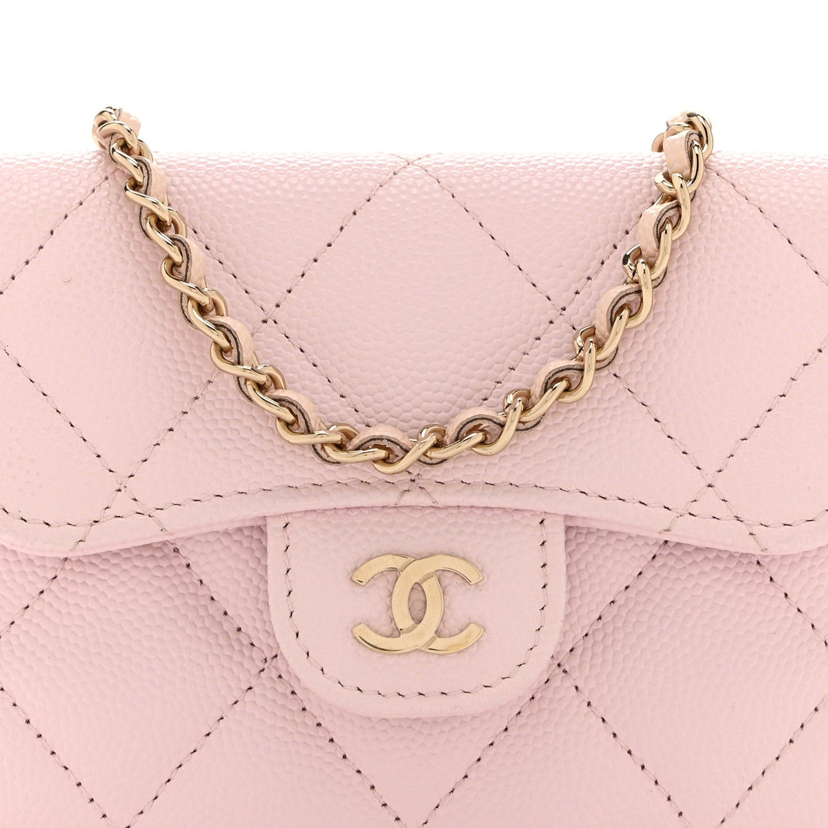 Caviar Quilted Flap Card Holder On Chain Pink