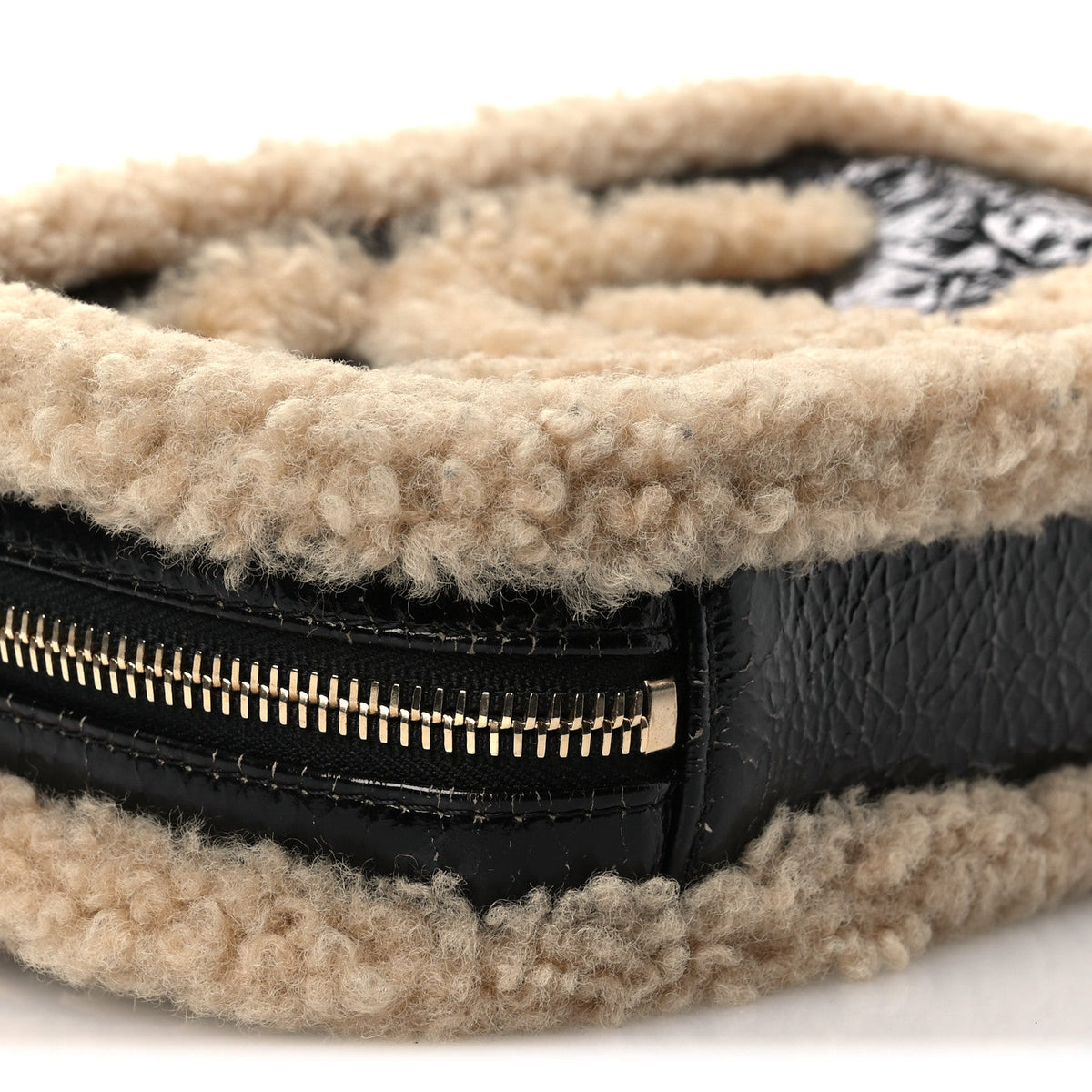 Shiny Crumpled Sheepskin Shearling Waist Bag Black Beige