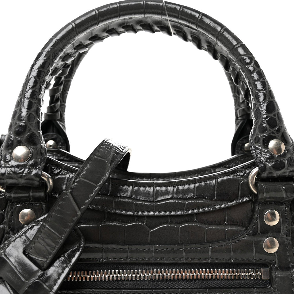 Shiny Supple Calfskin Crocodile Embossed Neo Classic Silver Hardware S City Dark Grey