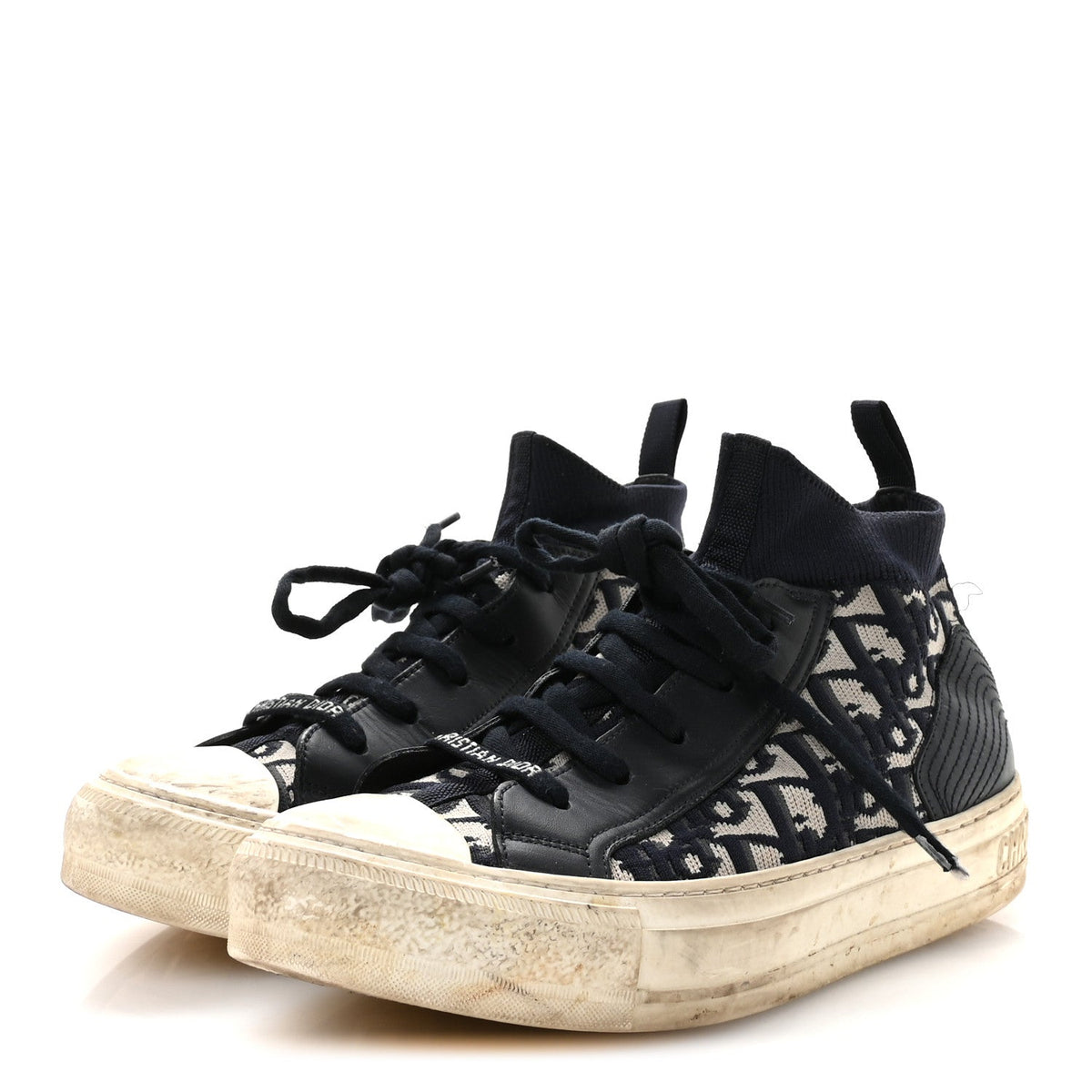 Technical Knit Calfskin Oblique Womens Walk'n Dior Mid Top Sneakers 35 Deep Blue