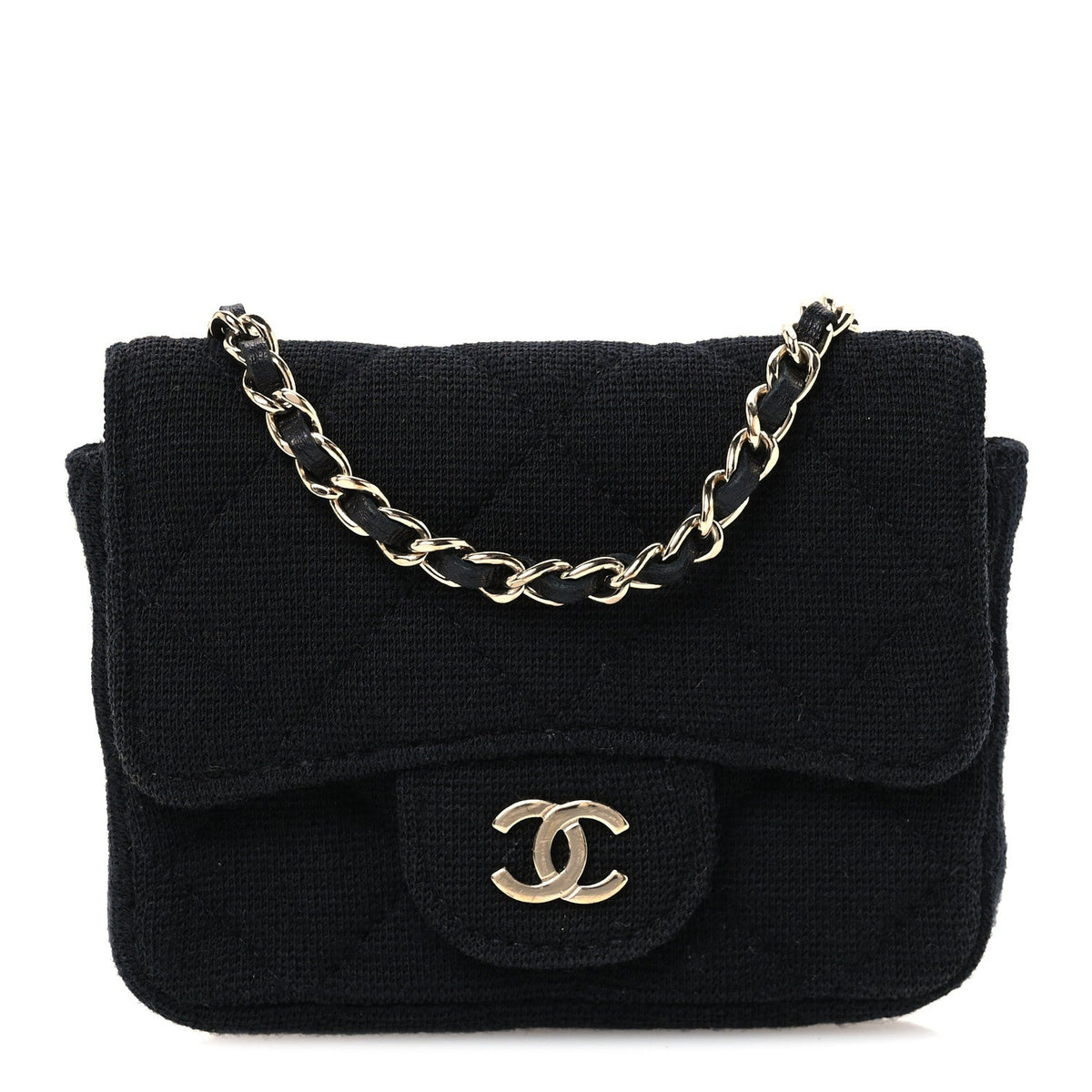 Jersey Quilted Flap Chain Waist Bag Black