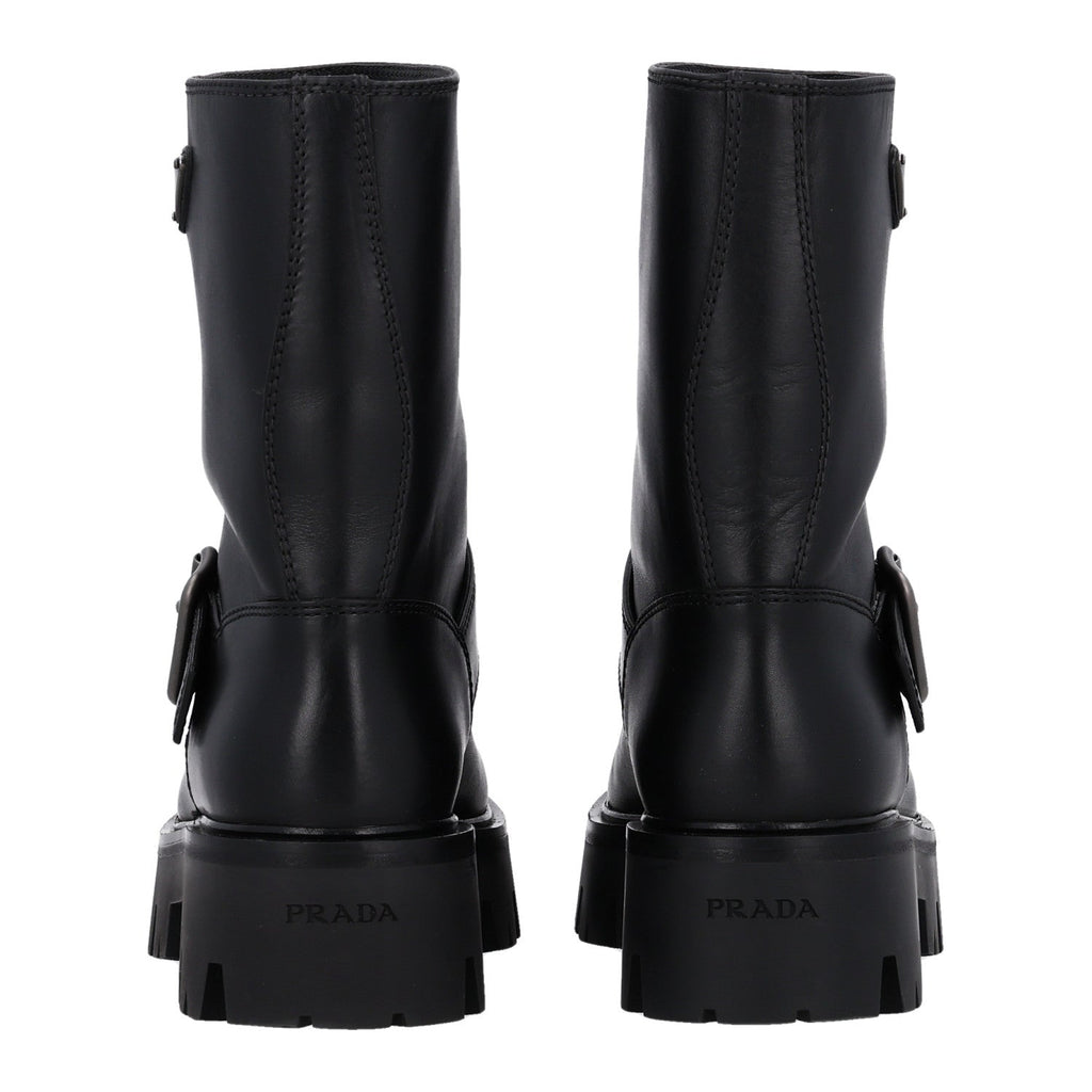 Calfskin Metal Triangle Logo Buckled Booties 36 Black