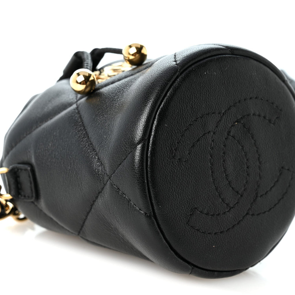 Calfskin Quilted Mini Drawstring Bucket Bag Black