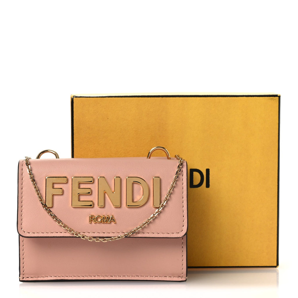 Vitello Kyoto Metal Fendi Roma Logo Micro Trifold Wallet with Chain Light Rose