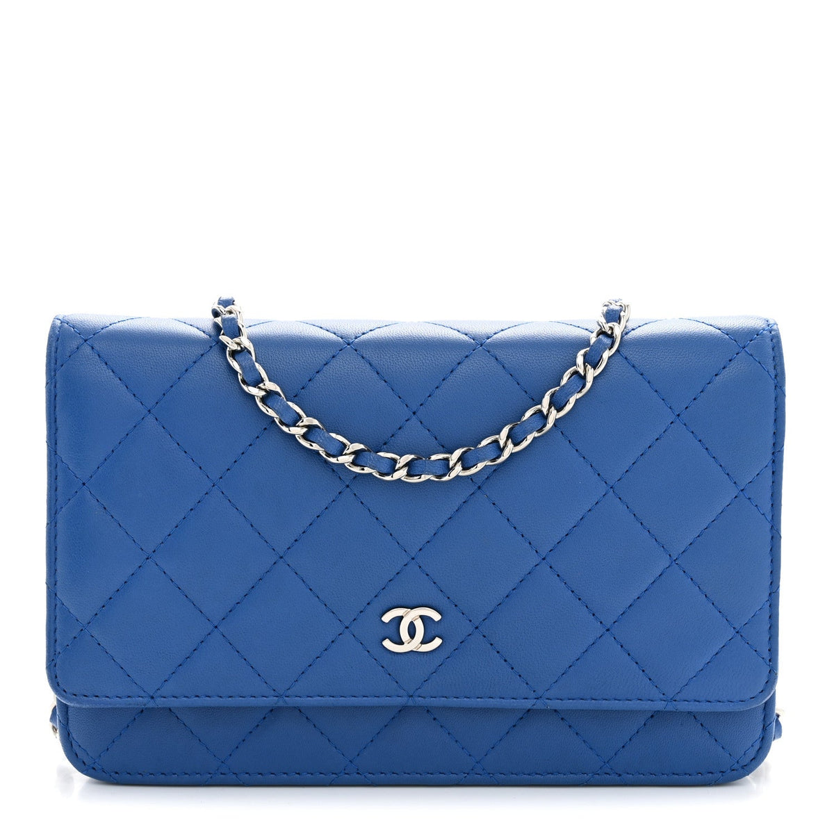 Lambskin Quilted Wallet On Chain WOC Blue