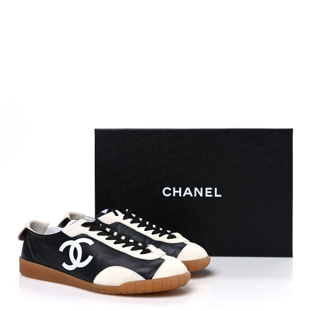 Calfskin Embossed Suede Womens CC Sneakers 38.5 Black White
