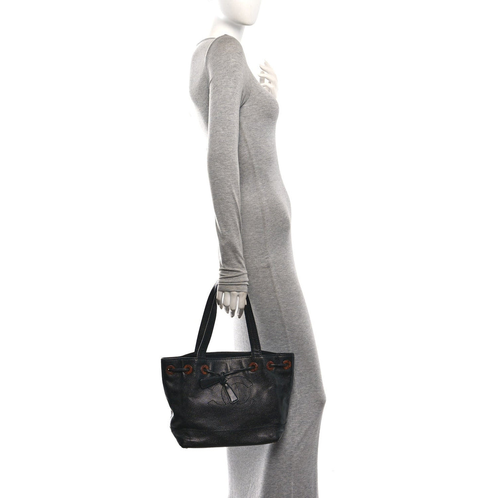 Caviar Tortoise Timeless CC Drawstring Bucket Bag Black