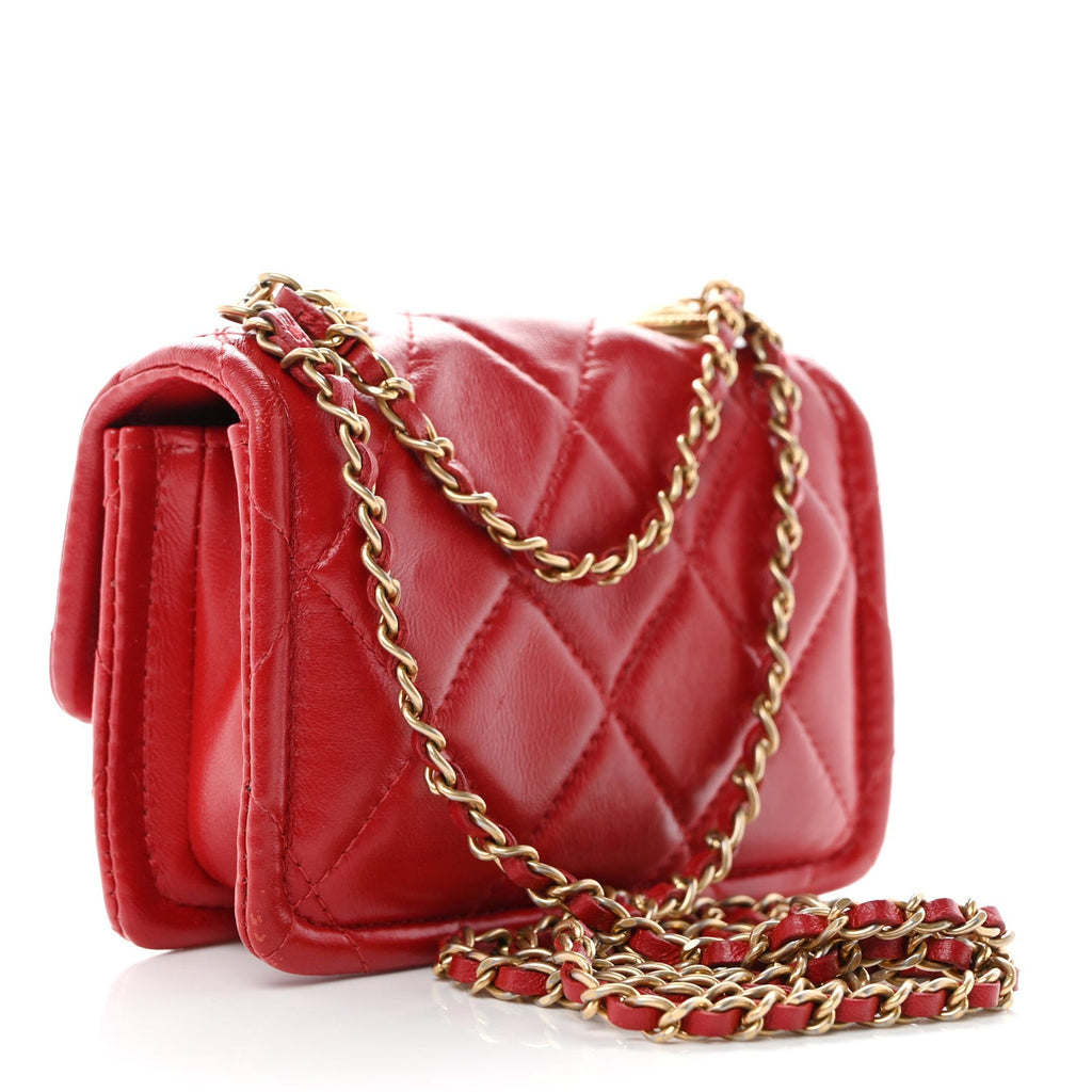 Shiny Lambskin Quilted Extra Mini Flap Red