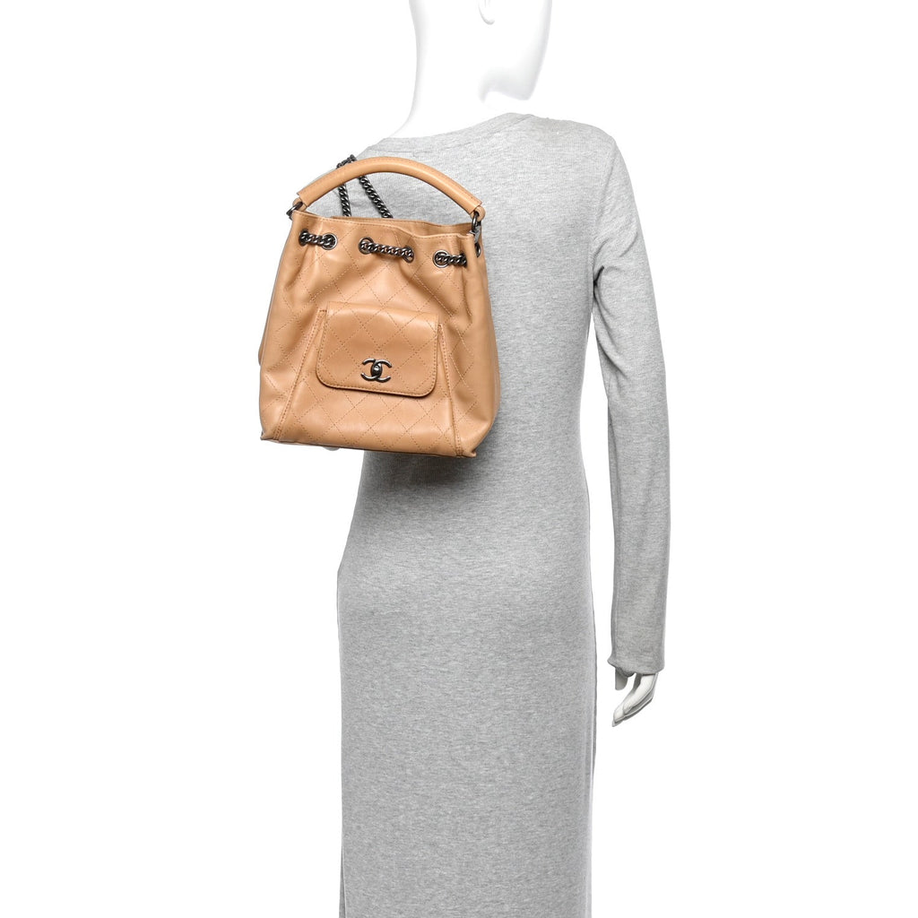 Calfskin Stitched Medium Urban Luxury Drawstring Backpack Beige