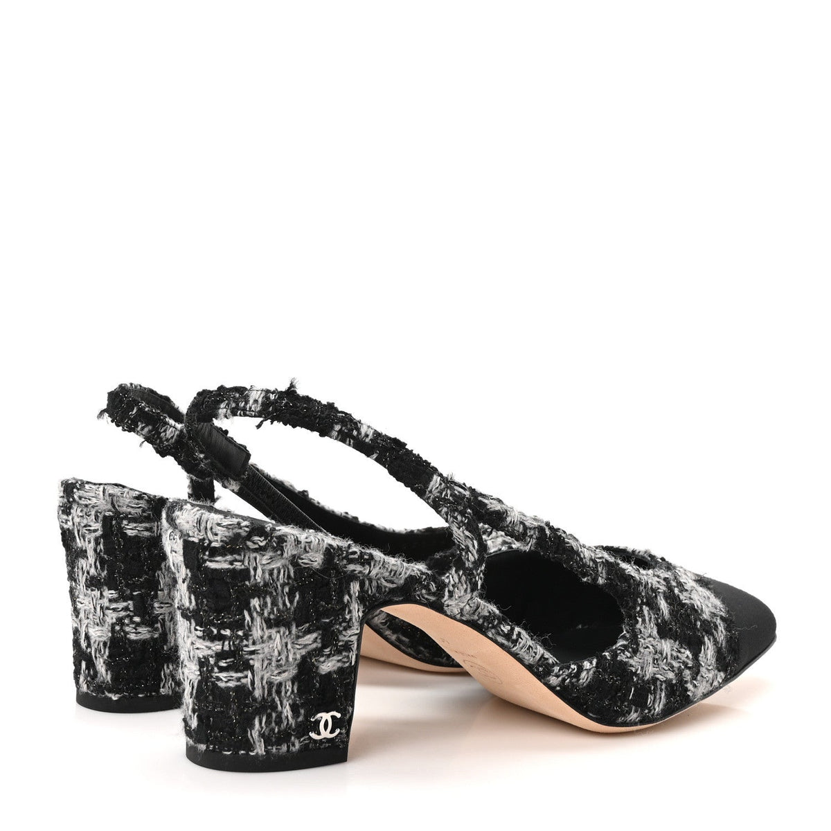 Tweed Grosgrain Cap Toe CC Slingback Pumps 41.5 Black Grey