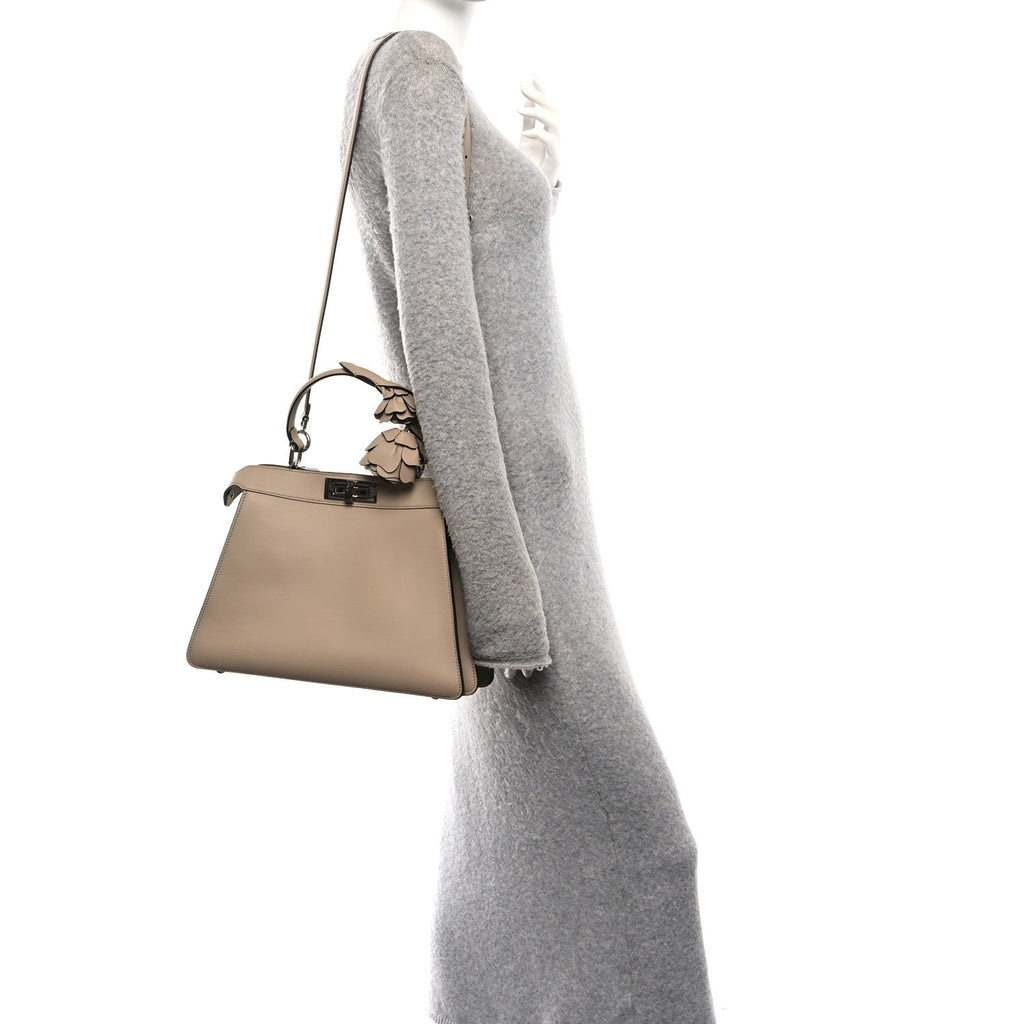 Shiny Calfskin Flower Medium Peekaboo I SEE U Satchel Beige Amido
