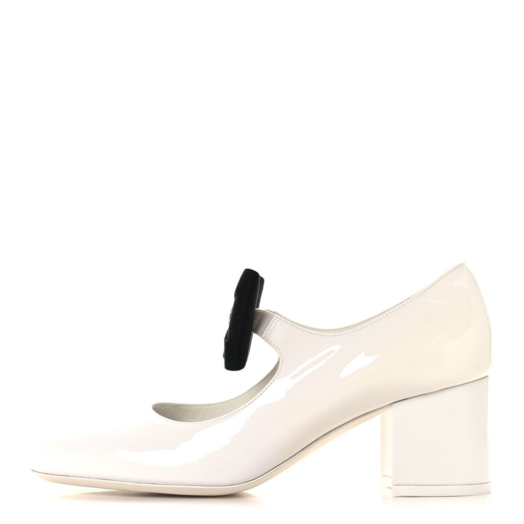 Patent Calfskin Grosgrain Bow Mary Jane Pumps 38.5 White Black