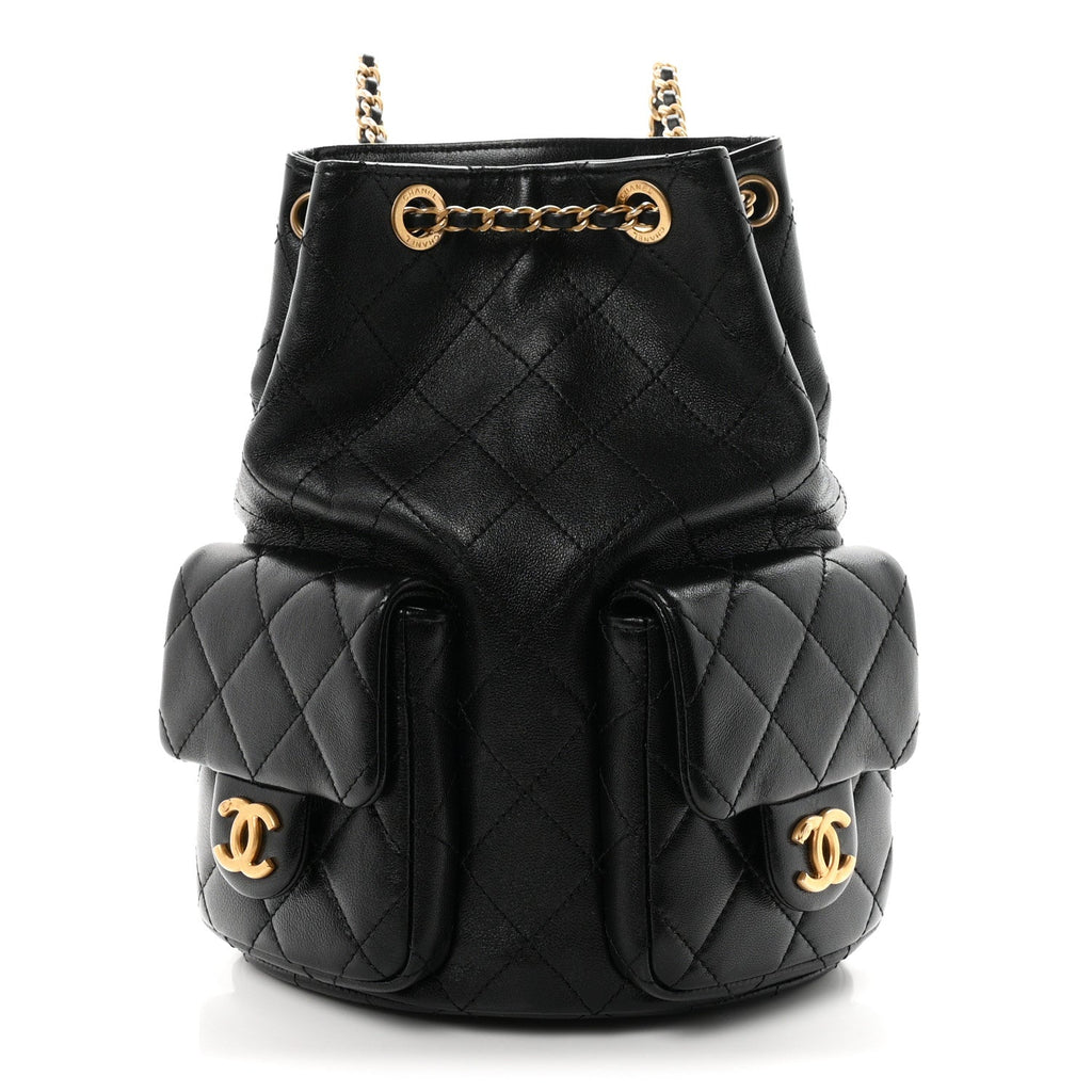 Shiny Lambskin Quilted Double Pocket Backpack Black