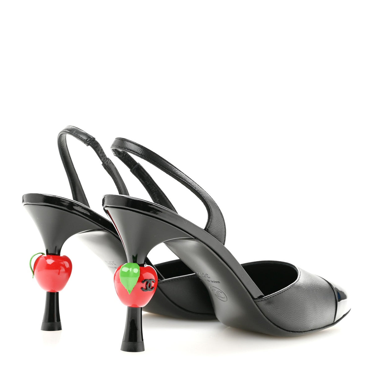 Lambskin Patent Calfskin Cap Toe CC Apple Slingback Pumps 38.5 Black