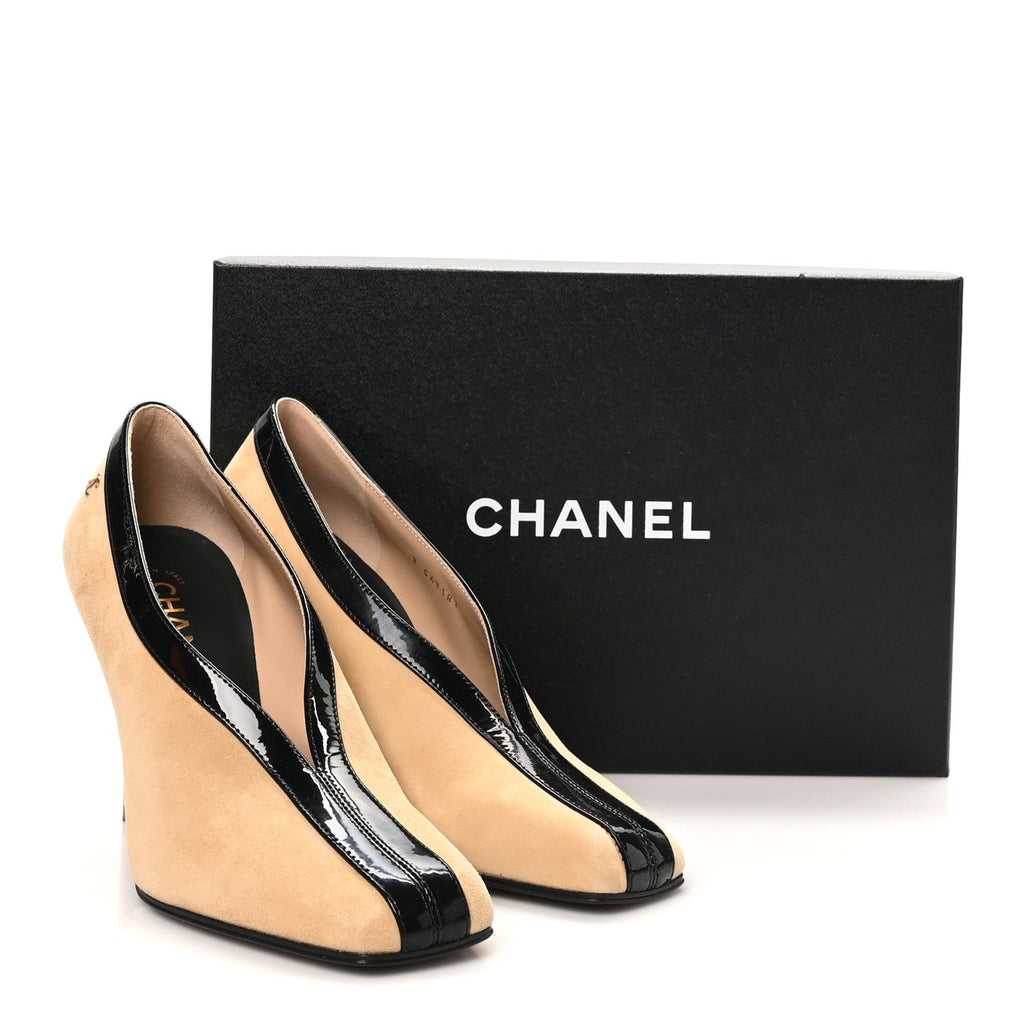 Suede Patent Calfskin Pumps 38 Beige Black