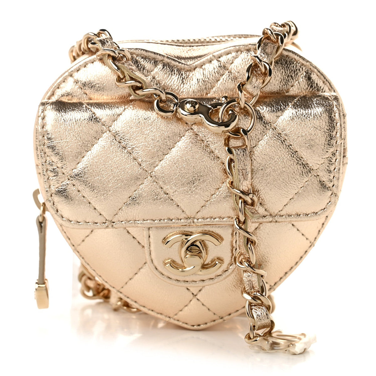 Metallic Lambskin Quilted CC In Love Heart Waist Belt Bag With Chain Gold