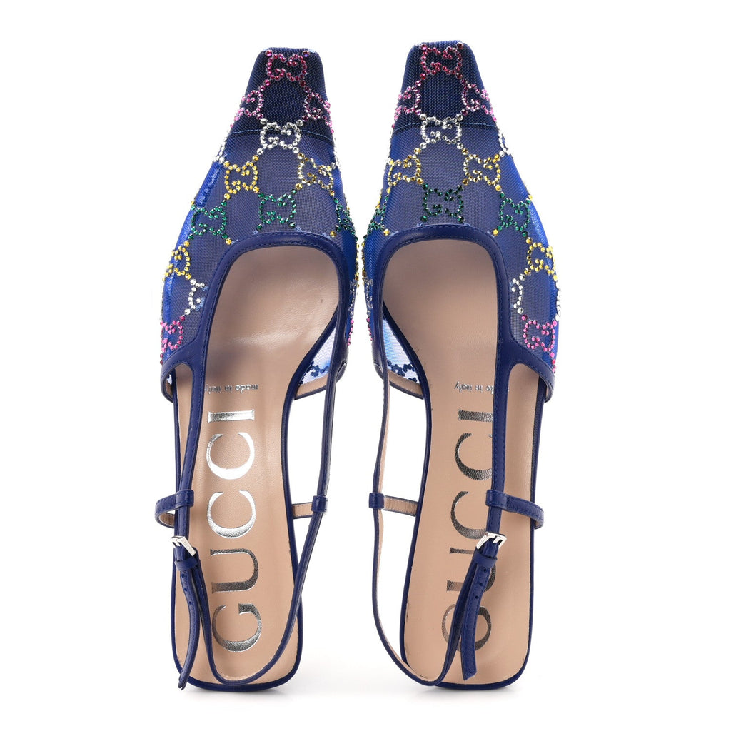 Tela Retino Nappa Charlotte Crystal GG Monogram Square G 35mm Slingback Pumps 38 Splash Net Blue Witch
