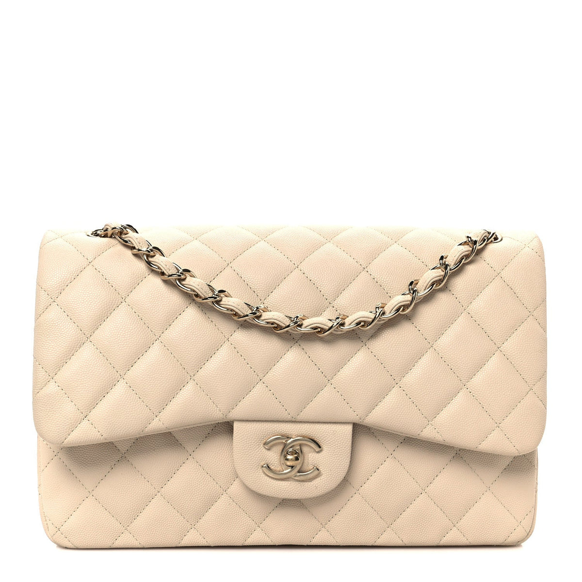 Caviar Quilted Jumbo Double Flap Light Beige