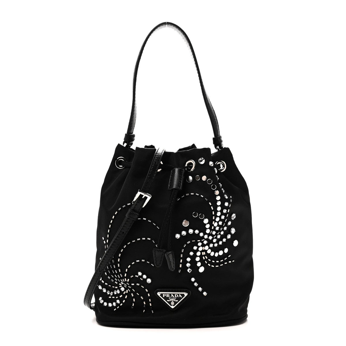 Tessuto Saffiano Ricamo Sequin Crystal Embellished Mini Re-Edition 1978 Bucket Bag Black