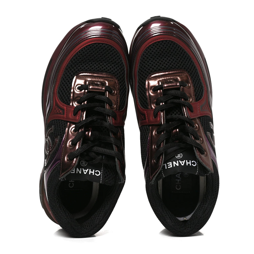Fabric Laminated Calfskin Stretch CC Womens Sneakers 36 Black Purple Burgundy