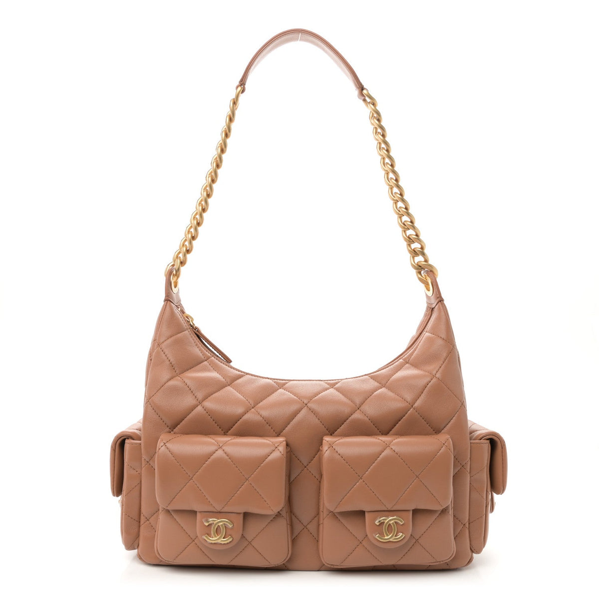 Shiny Lambskin Quilted Trendy Pockets Hobo Brown