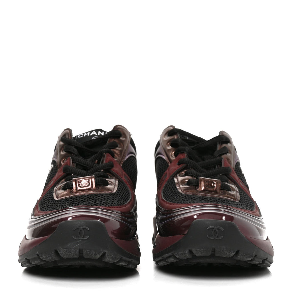 Fabric Laminated Calfskin Stretch CC Womens Sneakers 36 Black Purple Burgundy