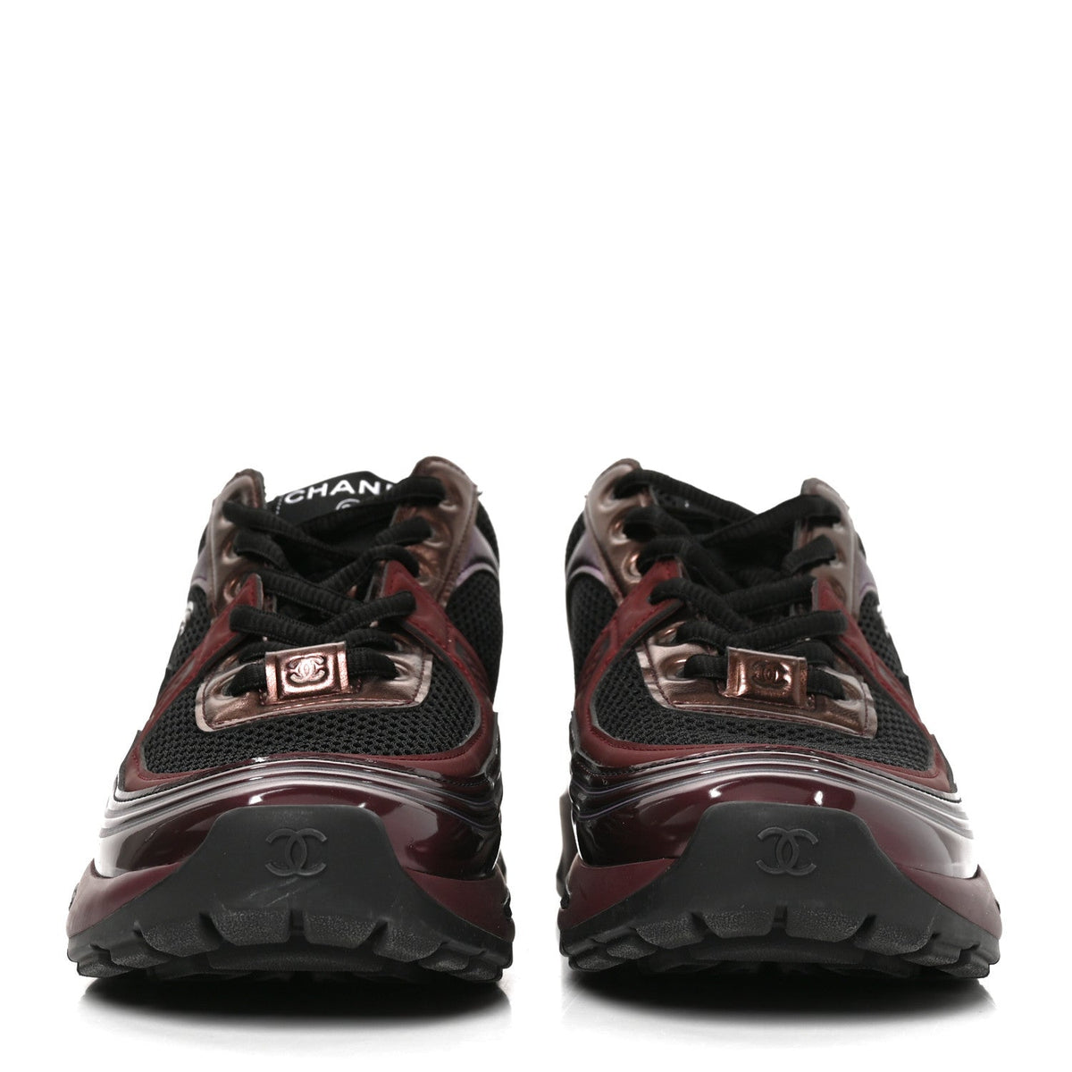 Fabric Laminated Calfskin Stretch CC Womens Sneakers 36 Black Purple Burgundy