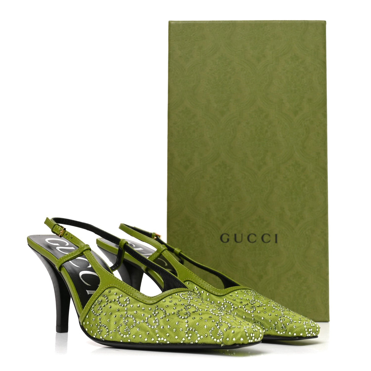 Moire Fabric Malaga Kid Crystal GG Monogram Square G 75mm Slingback Pumps 37 Lemon Leaf