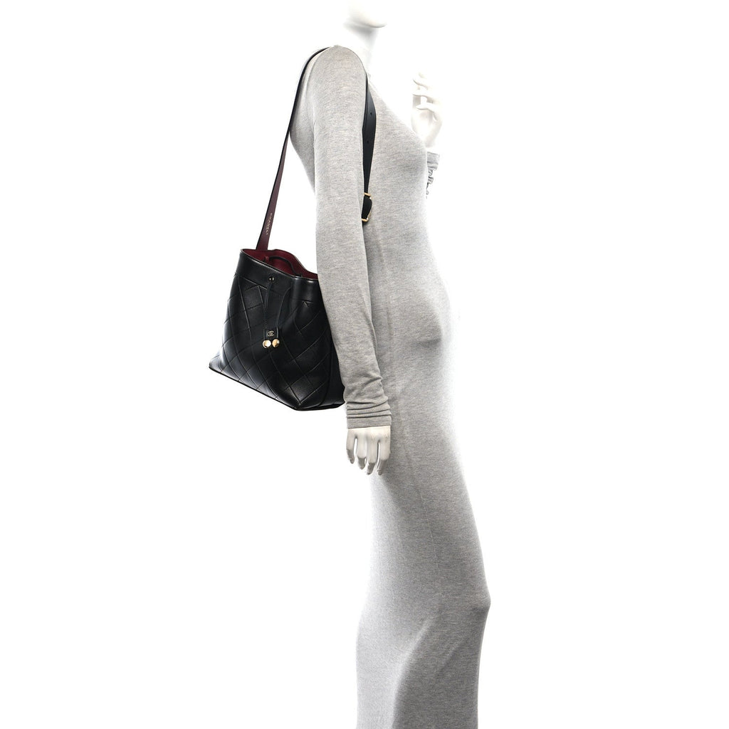 Calfskin Quilted Medium Bucket Bag Black