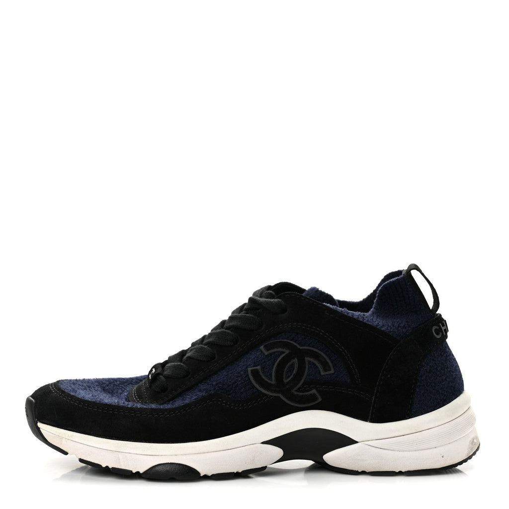 Knit Fabric Suede Calfskin Womens CC Sneakers 37.5 Navy Black
