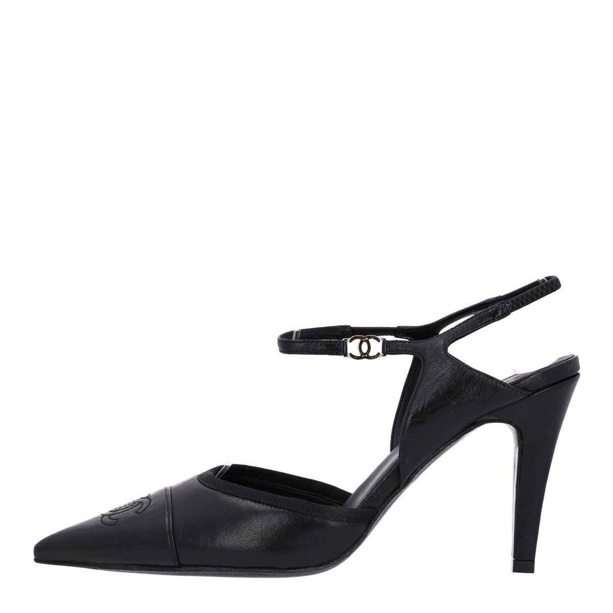 Iridescent Lambskin Pointed Cap Toe CC Slingback Pumps 37.5 Black