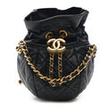 Shiny Lambskin Quilted Mini Drawstring CC Bucket Bag Black