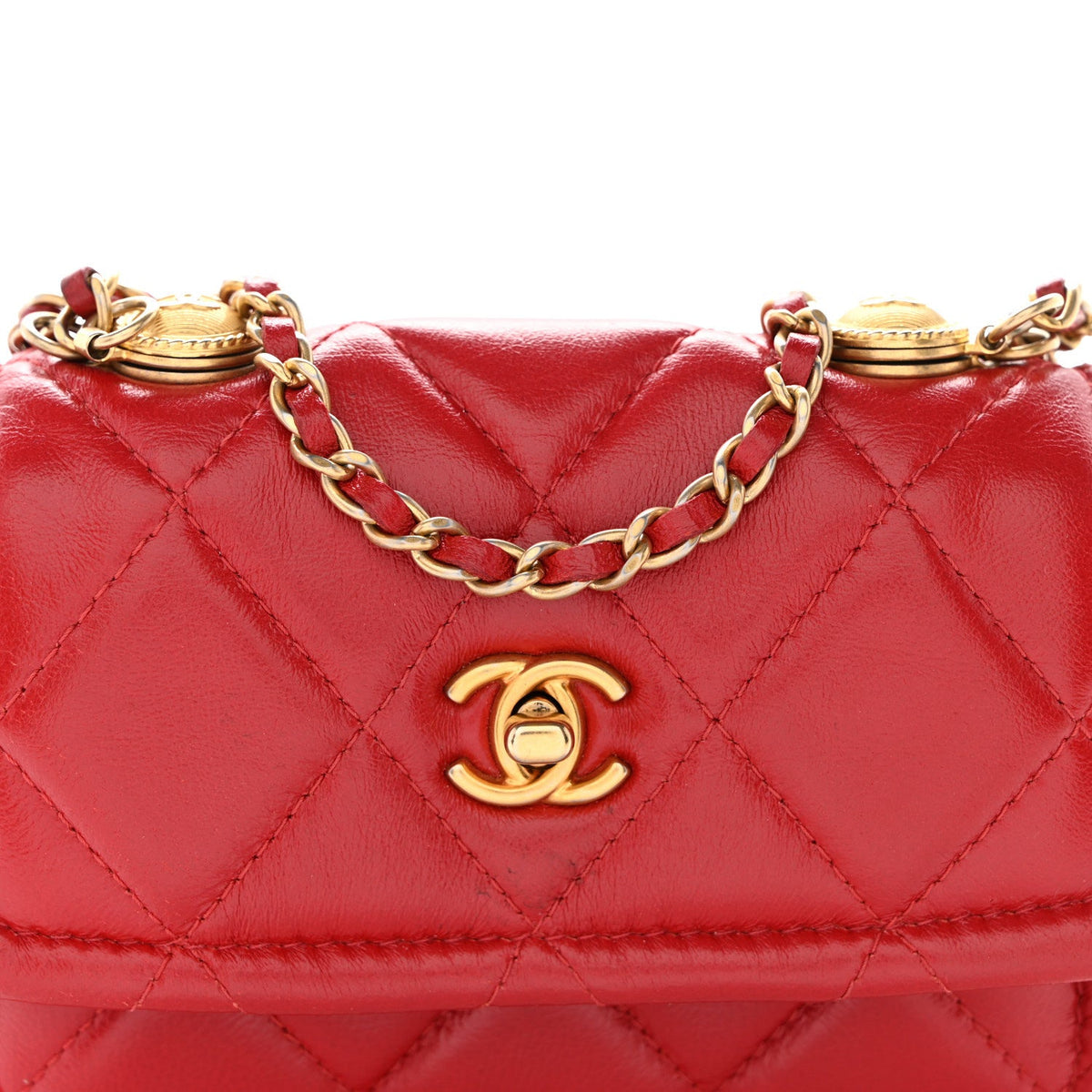 Shiny Lambskin Quilted Extra Mini Flap Red