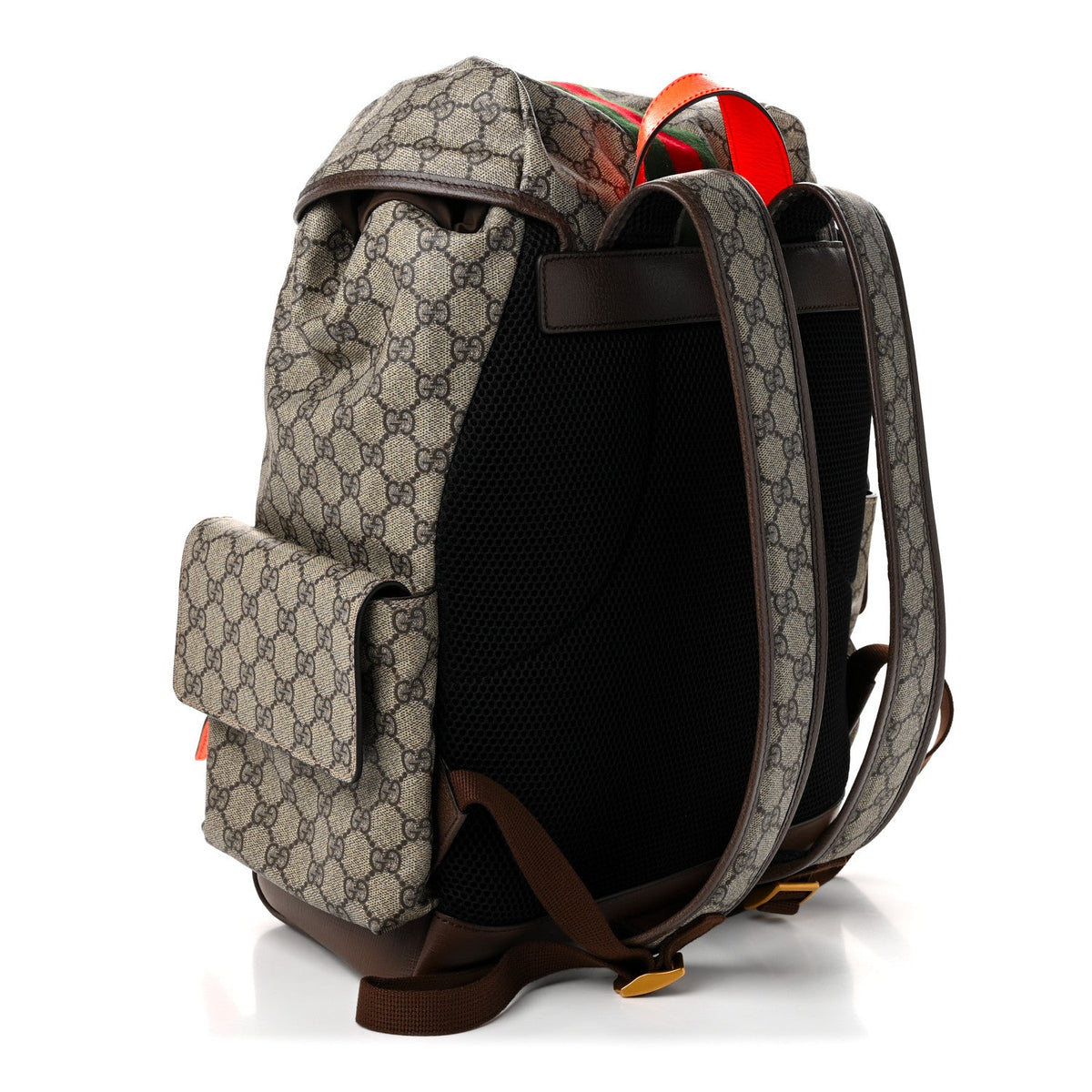 GG Supreme Monogram Medium Ophidia Double Buckle Backpack Beige Ebony Neon Orange