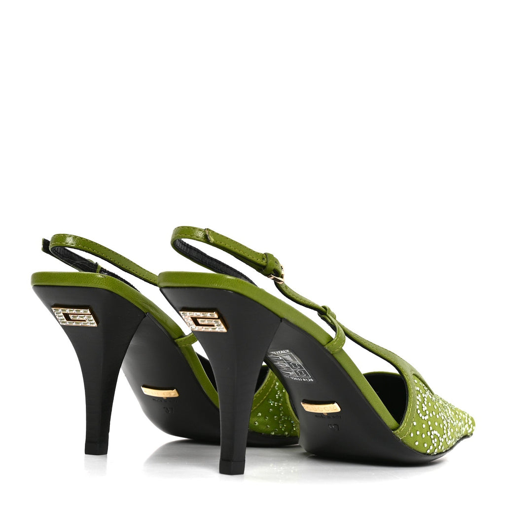 Moire Fabric Malaga Kid Crystal GG Monogram Square G 75mm Slingback Pumps 37 Lemon Leaf