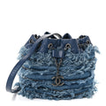 Calfskin Denim Fringe Chains CC Drawstring Bucket Bag Blue