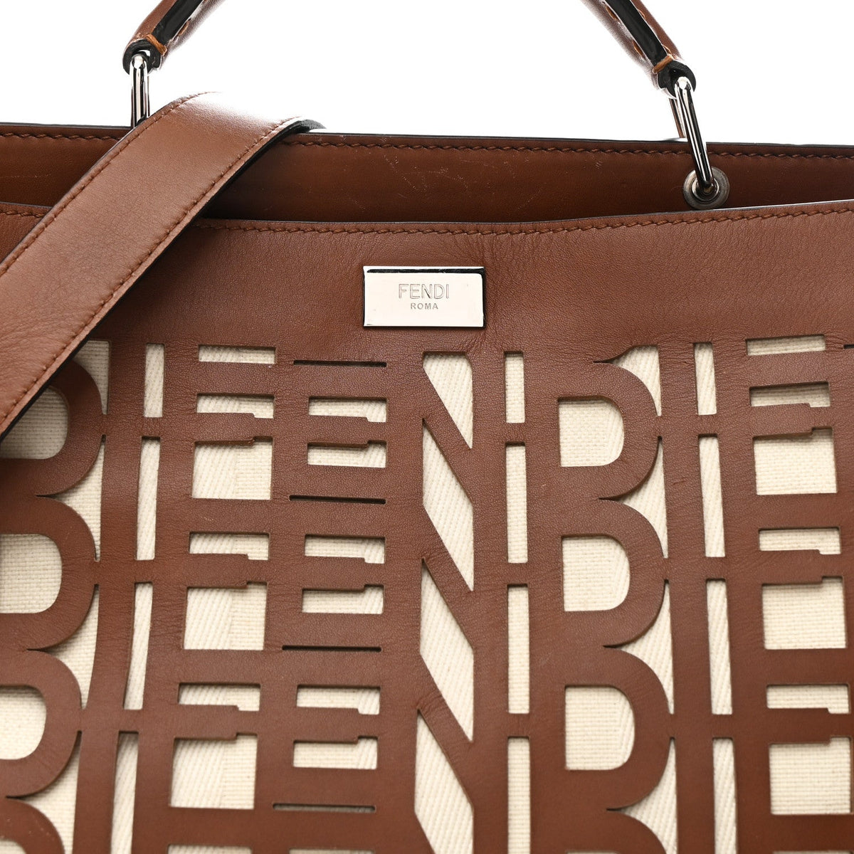 Canvas Calfskin Laser Cut Large Peekaboo Iconic Essential Satchel Brown