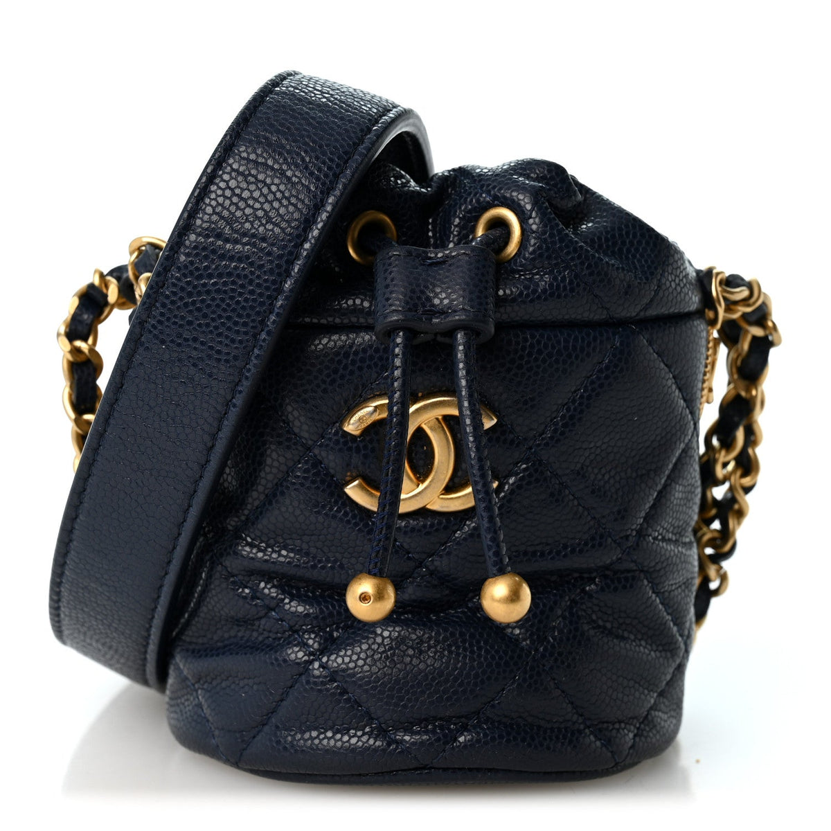 Caviar Quilted Twist Your Buttons Mini Bucket Bag Navy