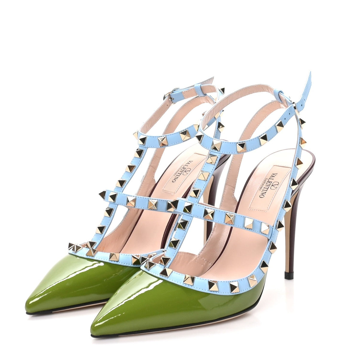 Patent Nappa Rockstud Ankle Strap 100mm Pumps 39 Chartreuse Multicolor